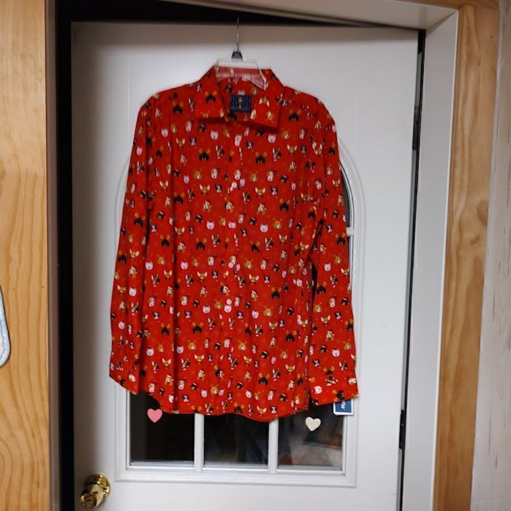 New Simon Banks Red Christmas Dogs Long Sleeve Button Down Shirt Size Men's L